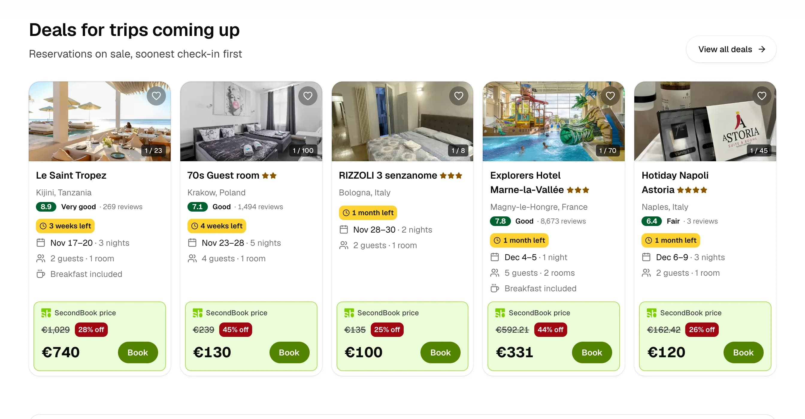 Five deal cards on the new home, each with photos, rating, time left, dates, guests and two prices