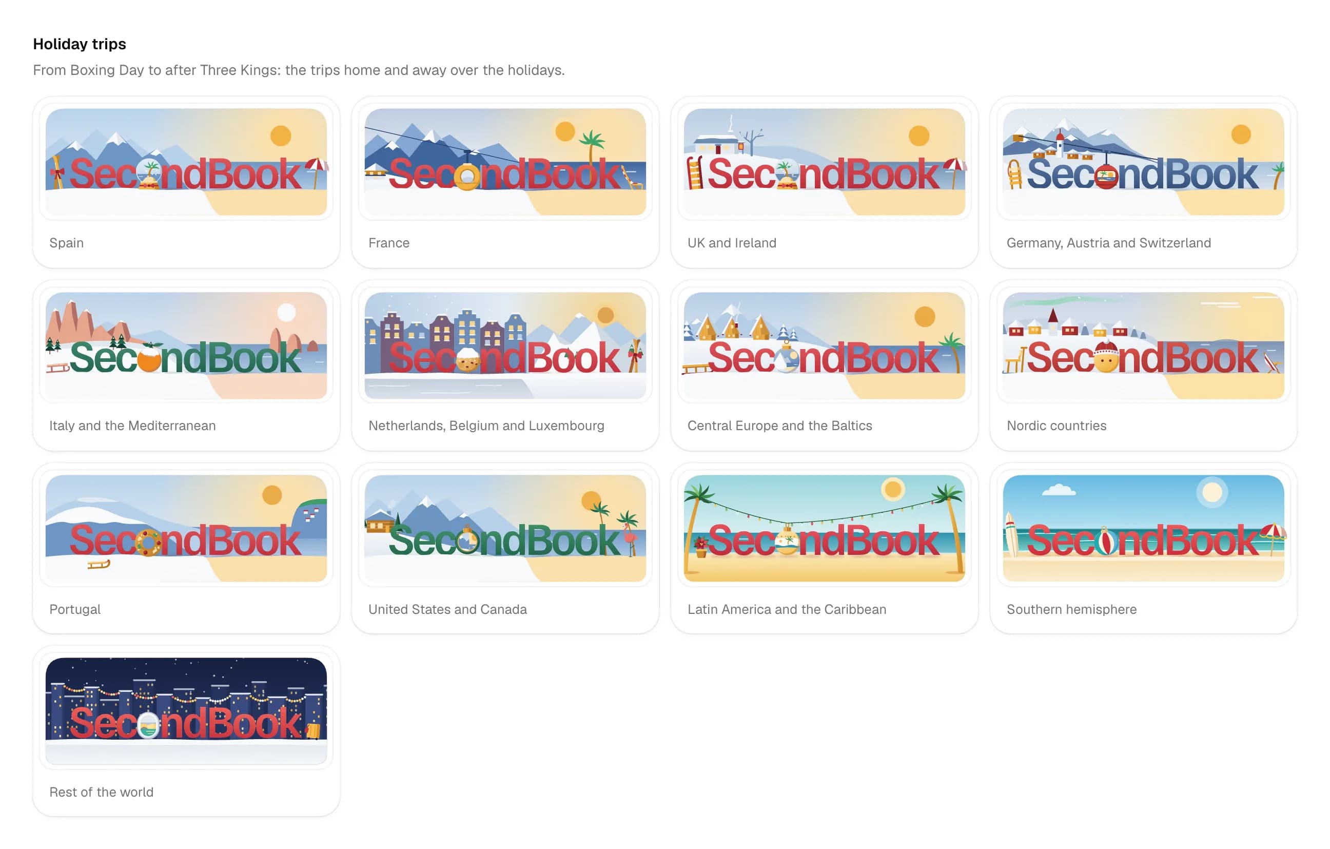 The Holiday trips doodle in 13 regional versions, from Spain and France to Latin America and the southern hemisphere