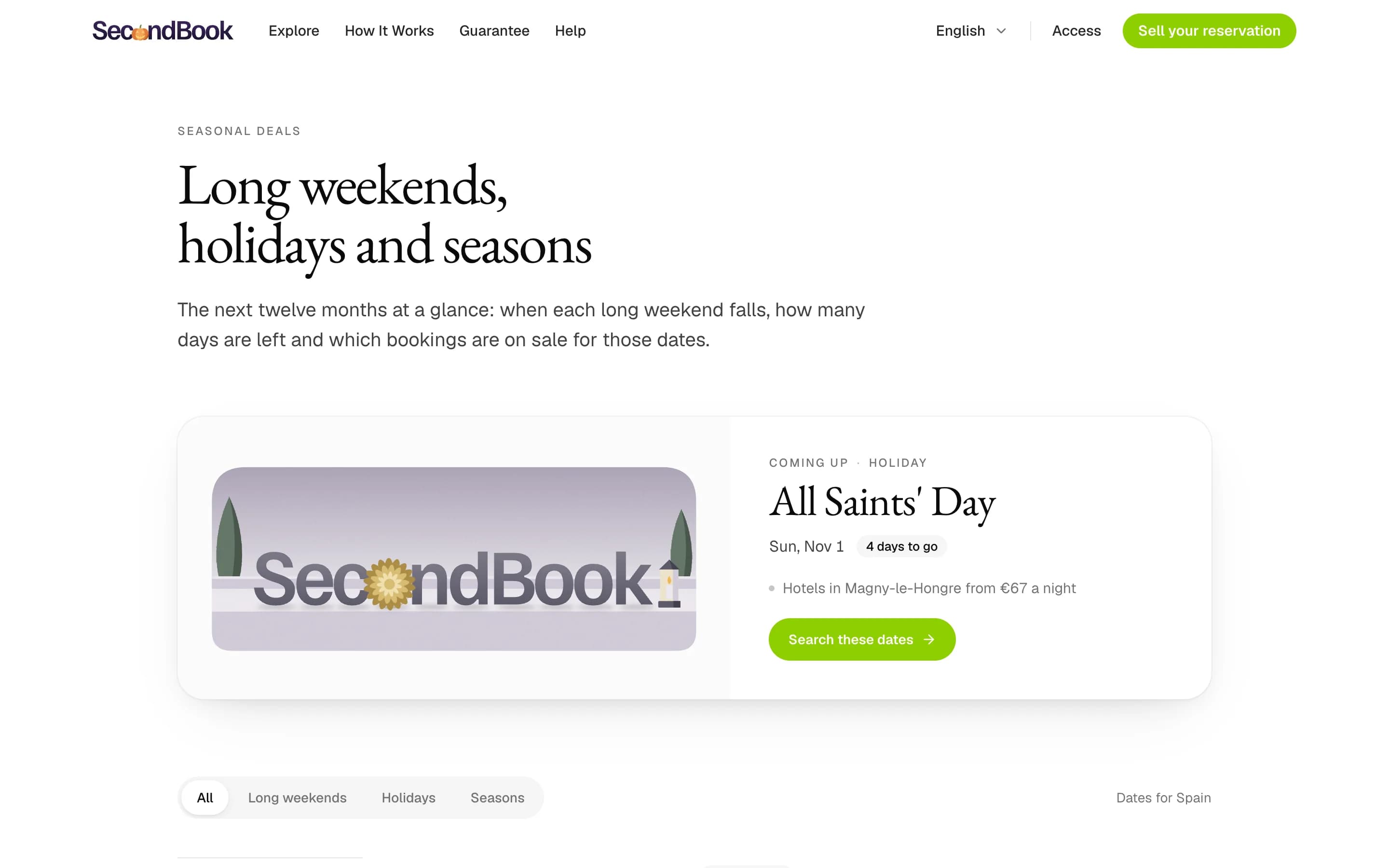 The offers page: All Saints' Day, four days to go, hotels from €67 a night, and a Search these dates button