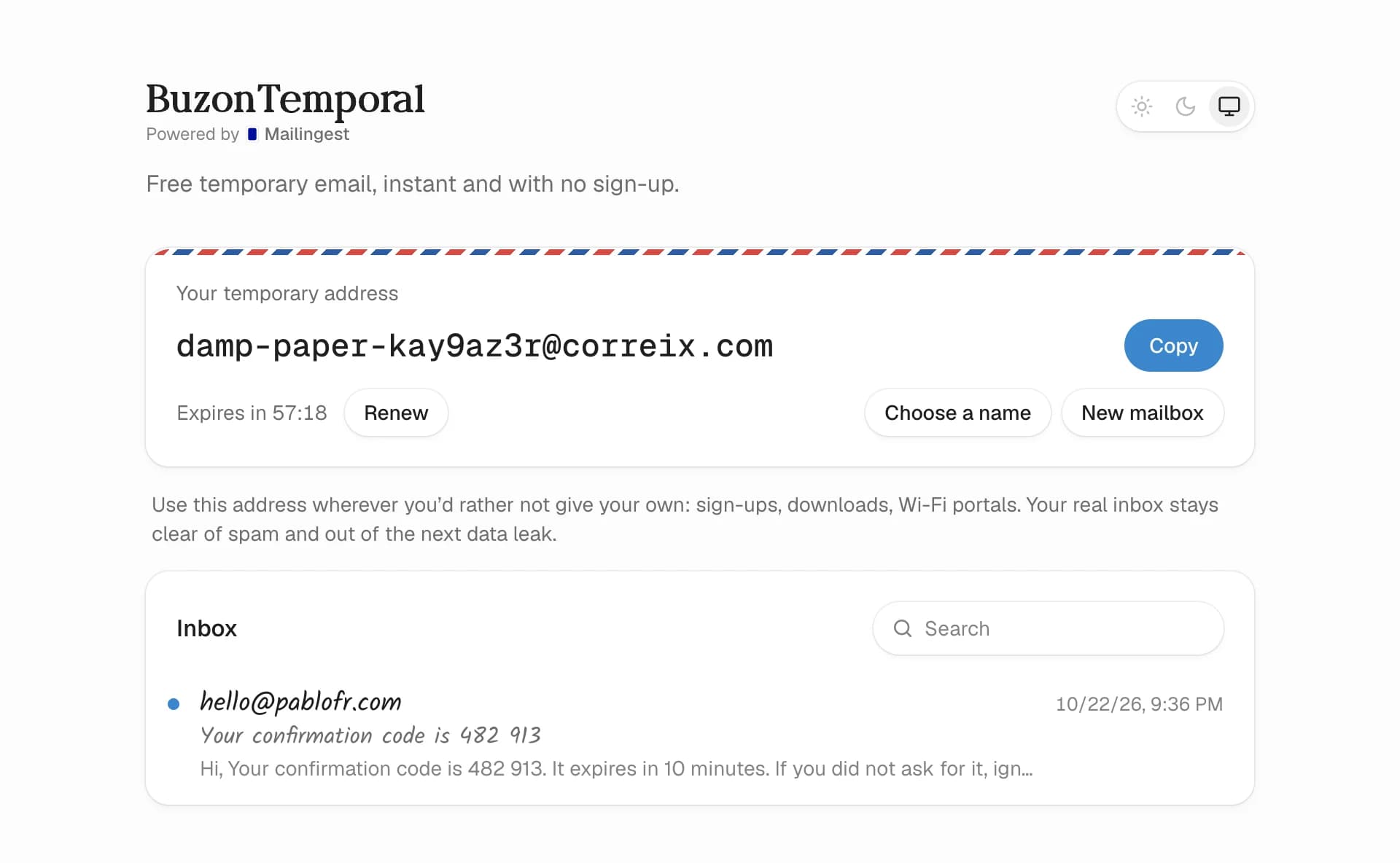 The home with a fresh mailbox. The address is on correix.com, not on the brand's domain, and the message arrived without a reload. The Buzontemporal home: a generated address on correix.com with Copy, Renew, Choose a name and New mailbox, and an inbox with one unread confirmation code