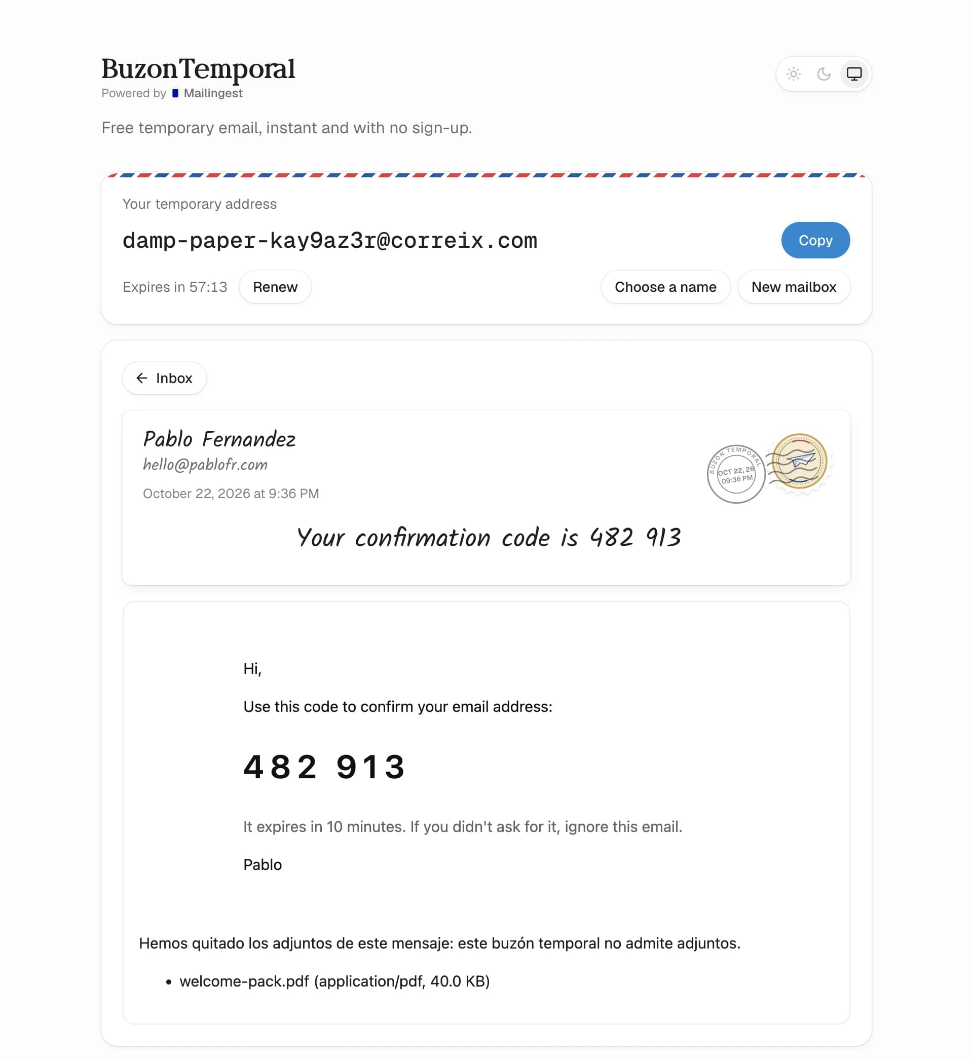 A real message, sent with a 40 KB PDF attached. The PDF never reached storage; the notice at the bottom (worded per domain, in Spanish on correix.com) is all that's left of it. An opened message on Buzontemporal: the sender and subject written like an envelope with a stamp and postmark, the HTML body with a six-digit code, and a notice that welcome-pack.pdf was removed