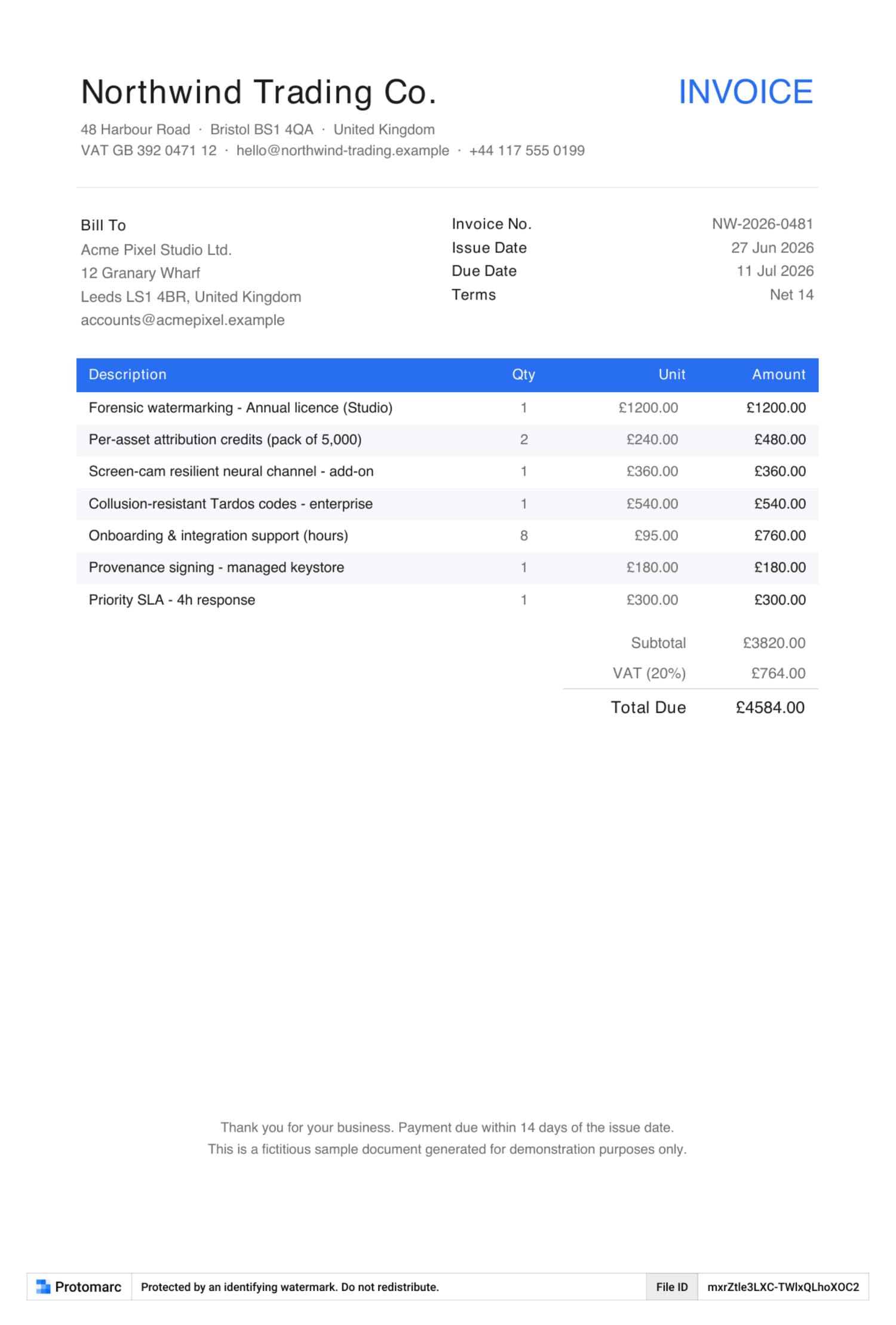 An attribution band along the foot of the page: owner, a short notice, and a unique File ID. An invoice with a slim attribution band along the bottom