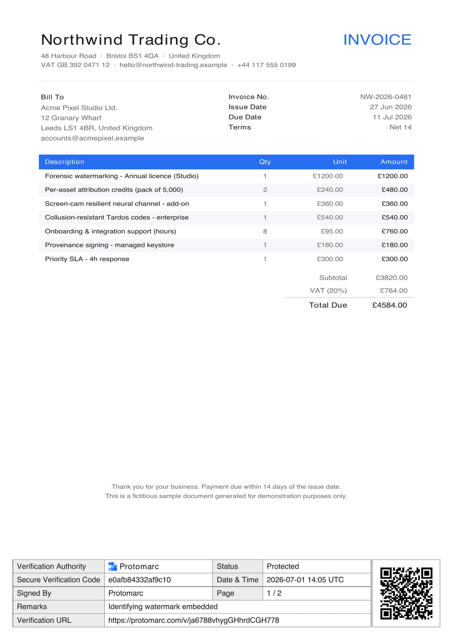 A verification panel: a signed code and a QR to confirm the document is authentic. An invoice with a verification panel and a QR code